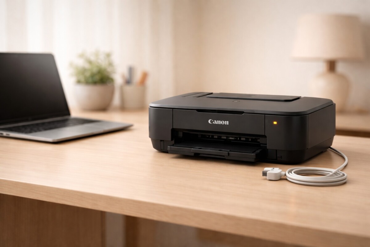 Canon 프린터 B200 오류 의심 상황에서 고장 판단 전 전원 초기화와 점검 단계를 상징하는 프린터 이미지