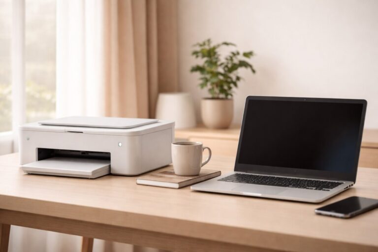 Wi-Fi는 연결됐는데 출력이 안 될 때 프린터와 PC는 정상이나 출력 경로가 끊긴 상황을 표현한 홈오피스 장면