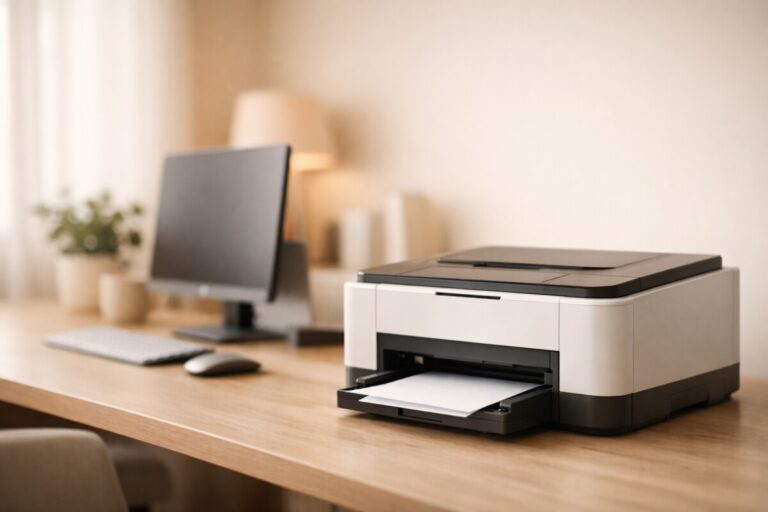 Windows 업데이트 후 프린터 설정 변경으로 인해 정상적인 프린터가 고장처럼 보이는 상황을 표현한 홈 오피스 환경 이미지