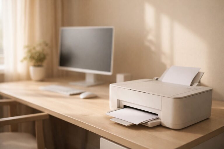 Windows 업데이트 후 프린터 인쇄 안 될 때 재설치 없이 설정 문제로 출력이 멈춘 프린터 상태를 보여주는 차분한 홈 오피스 장면