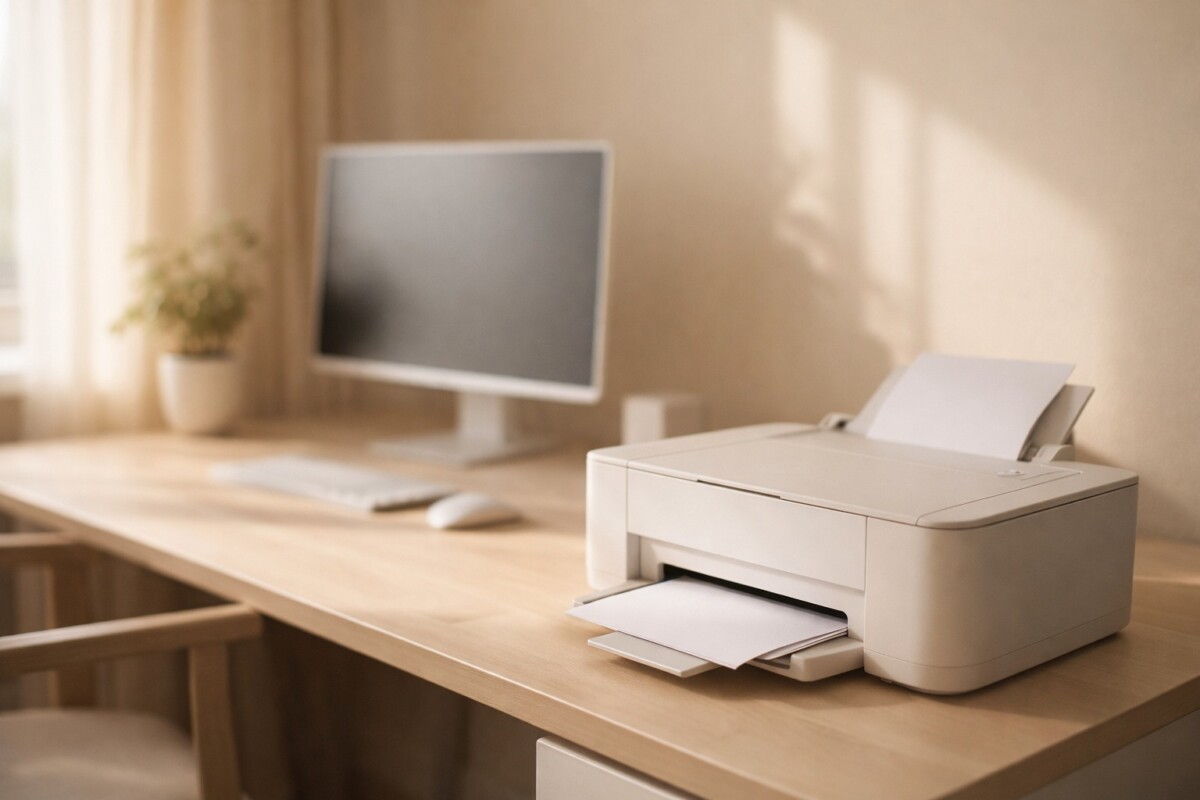 Windows 업데이트 후 프린터 인쇄 안 될 때 재설치 없이 설정 문제로 출력이 멈춘 프린터 상태를 보여주는 차분한 홈 오피스 장면