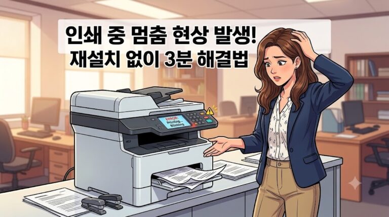 인쇄 중 멈춤 현상 발생 시 드라이버 재설치 전에 꽉 막힌 대기열을 취소하고 스풀러 서비스를 초기화하여 해결하는 3단계 복구법 요약 이미지