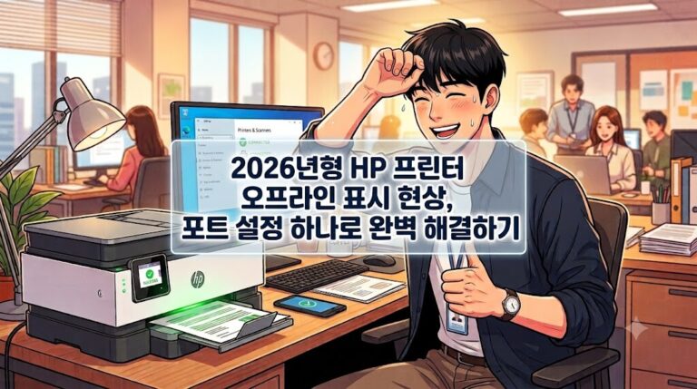 2026년형 HP 프린터 오프라인 표시 오류 현상을 드라이버 재설치 없이 윈도우 포트 설정으로 완벽 해결하고 기뻐하는 직장인의 모습 웹툰 일러스트