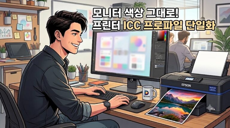 icc 프로파일 하나만 써야 색이 맞는 이유를 보여주는 인쇄 설정 완료 후 모니터 화면과 프린터 출력물 색상이 일치하여 만족해하는 디자이너 웹툰 일러스트