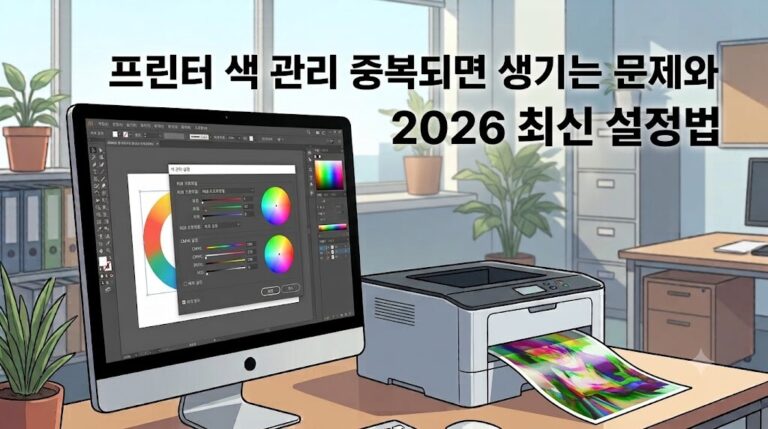 디자이너의 작업 공간에서 컴퓨터 화면 속 색상 설정 창과 프린터에서 색상이 왜곡되어 출력되는 인쇄물을 대비하여 보여주는 2026년 최신 블로그용 웹툰풍 일러스트 썸네일 이미지