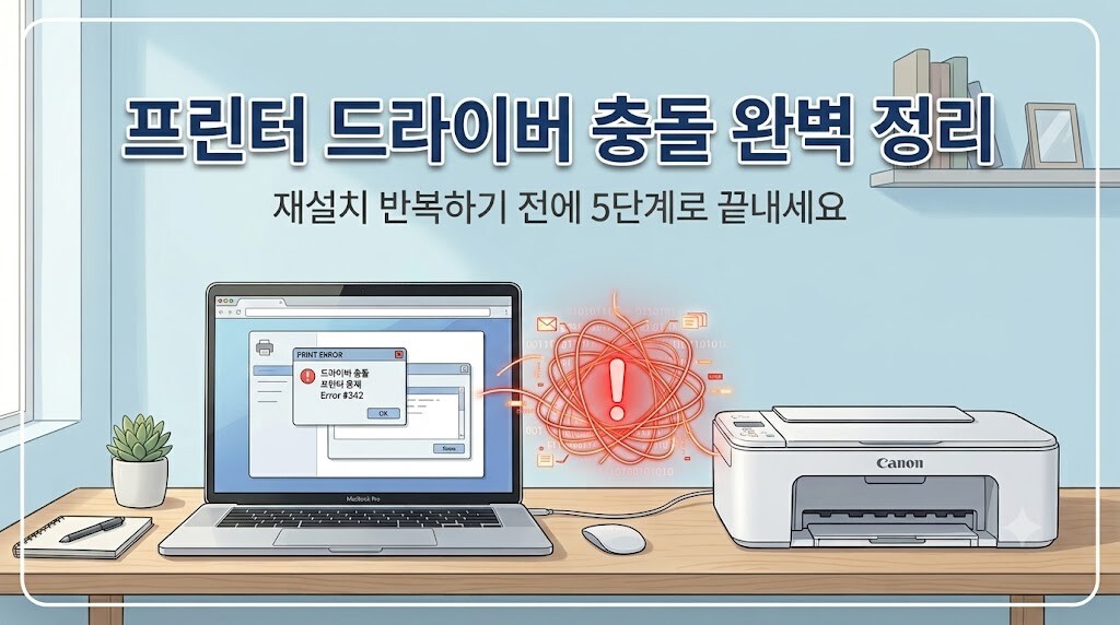 "윈도우11 환경에서 인쇄 오류를 유발하는 프린터 드라이버 충돌 현상을 5단계로 정리하여 해결하는 가이드 대표 썸네일 이미지
