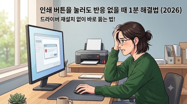 인쇄 버튼을 눌러도 반응 없을 때 1분 해결법 (2026)"이라는 타이틀이 적힌, 프린터 오류로 당황해하는 웹툰 스타일의 블로그 대표 썸네일 이미지