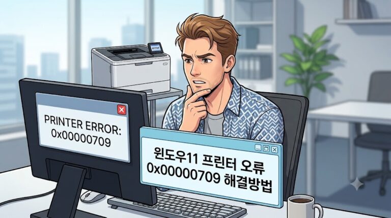 윈도우11 환경에서 공유 프린터 연결 시 발생하는 기본 프린터 설정 오류 0x00000709 문제를 레지스트리 권한 수정과 자동 관리 차단으로 해결하는 방법을 설명하는 웹툰 스타일의 블로그 대표 이미지