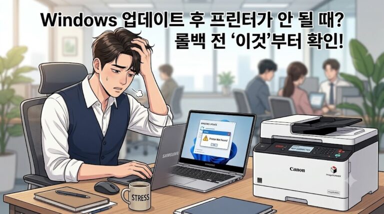 Windows 업데이트 후 프린터가 안 될 때 해결책을 찾기 위해 고민하는 직장인의 모습을 담은 웹툰 스타일 대표 이미지