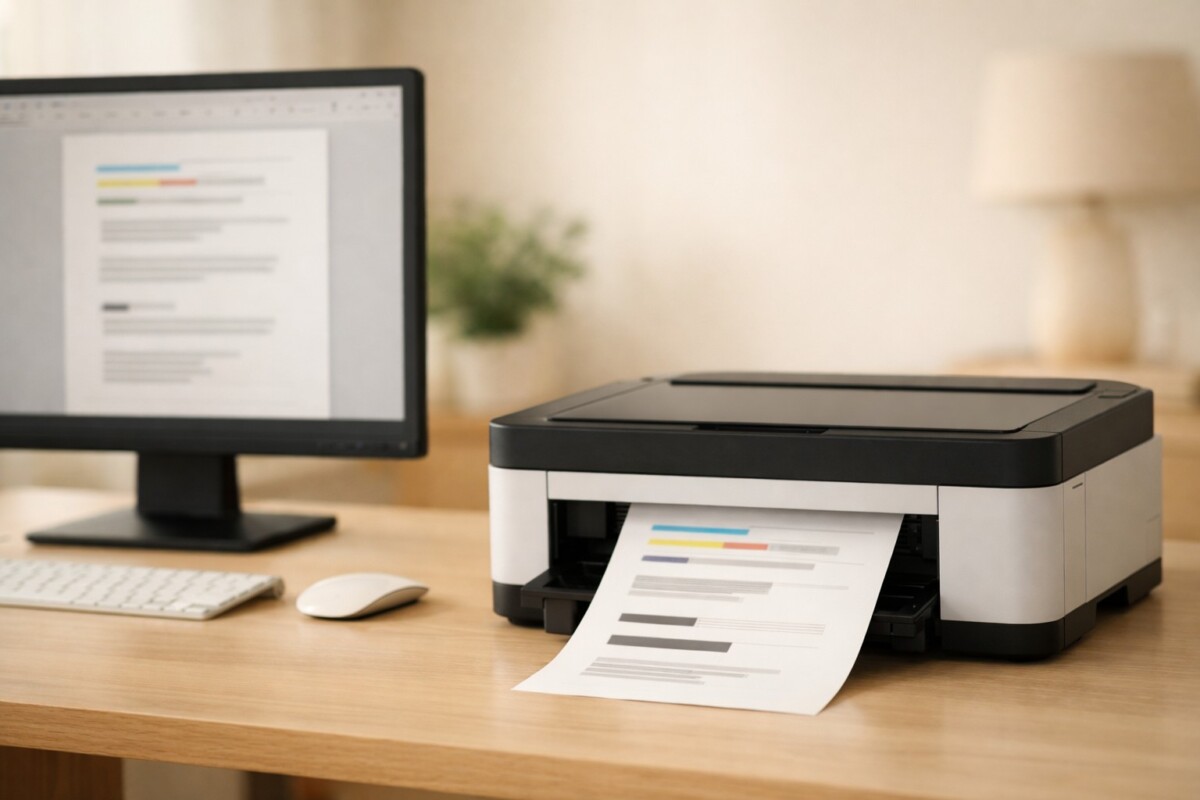 검정 잉크만 안 나올 때 인쇄 설정 오류로 검정 출력이 누락된 프린터 화면과 정상 상태의 프린터가 함께 보이는 장면