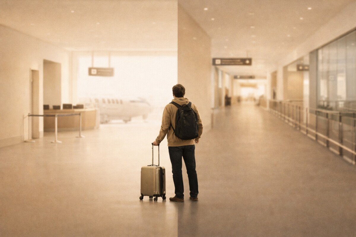 국제선 항공권 매진과 국내선 매진 상황에서 성공 확률 차이를 상징하는 공항 장면