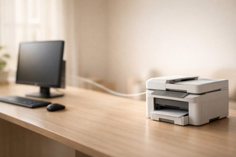 네트워크 프린터 오류 0x00000006으로 인해 출력이 되지 않는 사무실 환경에서 프린터와 PC가 연결된 상태를 표현한 이미지