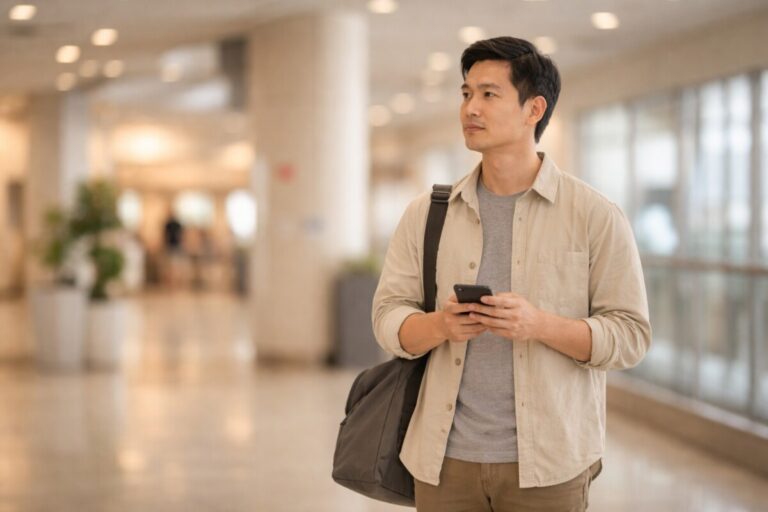 렌터카 전부 매진됐을 때 바로 쓸 수 있는 대안을 고민하는 여행자가 공항이나 터미널에서 상황을 판단하는 장면을 표현한 이미지