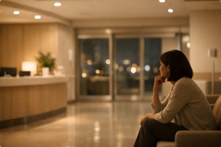 밤에 갑자기 아플 때 응급실과 외래 중 어디로 가야 할지 판단하는 야간 병원 선택 기준을 표현한 병원 내부 이미지