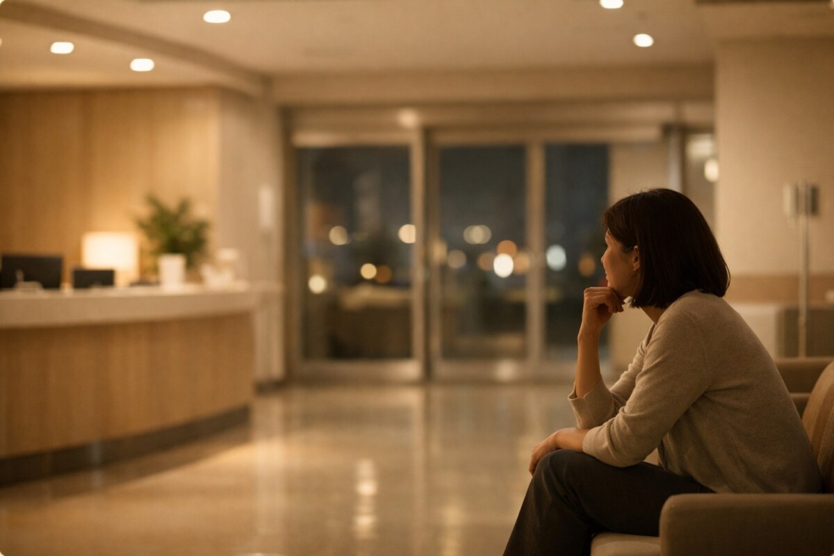 밤에 갑자기 아플 때 응급실과 외래 중 어디로 가야 할지 판단하는 야간 병원 선택 기준을 표현한 병원 내부 이미지