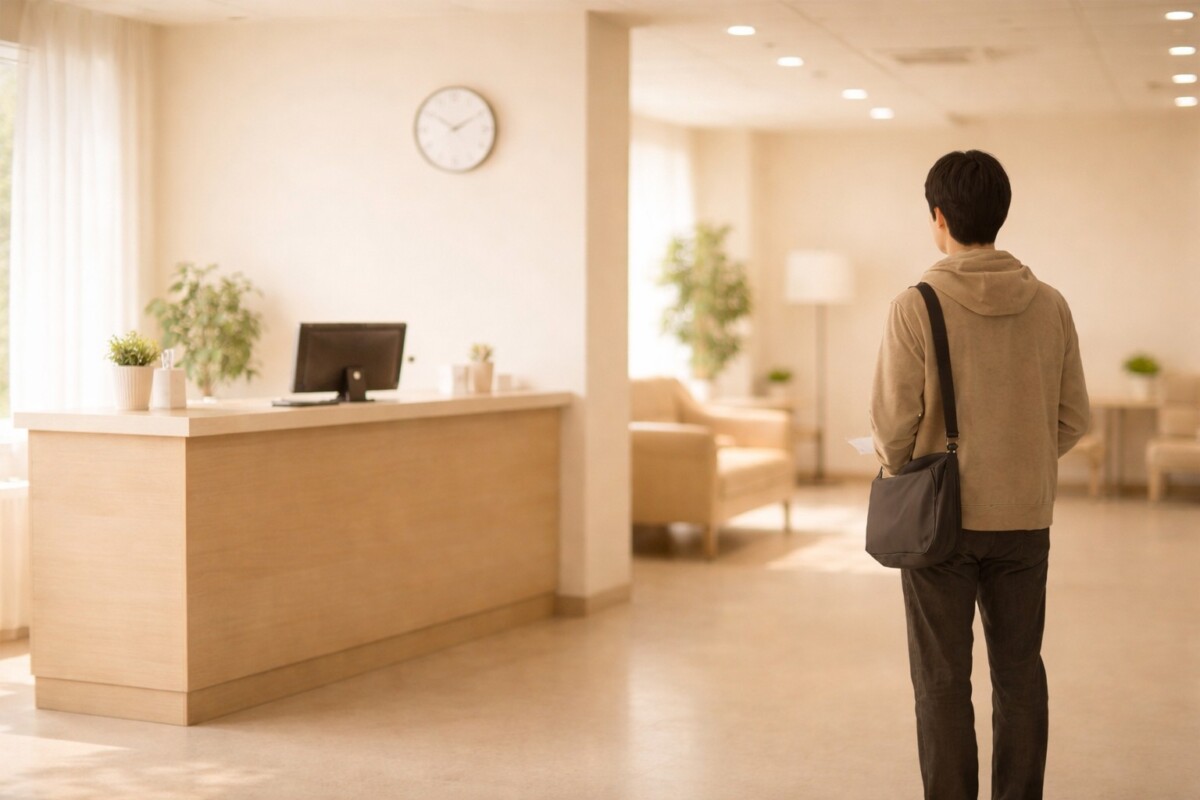 병원 대기시간을 줄이기 위해 병원 접수 창구 앞에서 차분히 대기하며 접수 흐름을 판단하는 상황을 표현한 대표 이미지