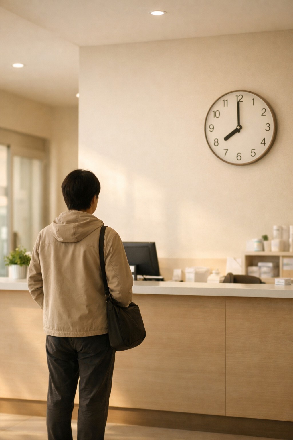 병원 예약 꽉 찼을 때 접수 가능성이 생기는 시간대를 확인하기 위해 병원 접수 창구 앞에서 차분히 대기하는 모습