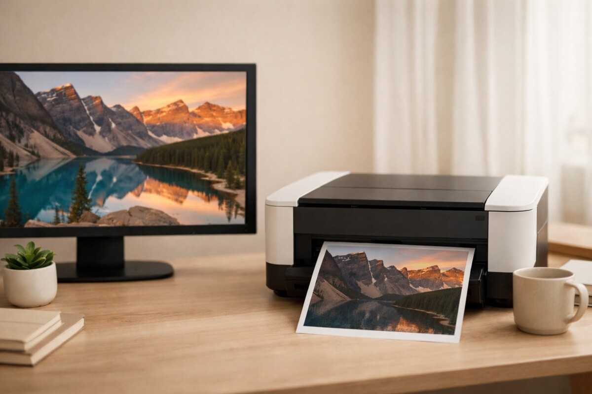 사진 인쇄 품질이 떨어질 때 색상 보정과 용지 설정 문제로 화면과 출력물의 색감이 다르게 나타나는 사진 출력 비교 장면