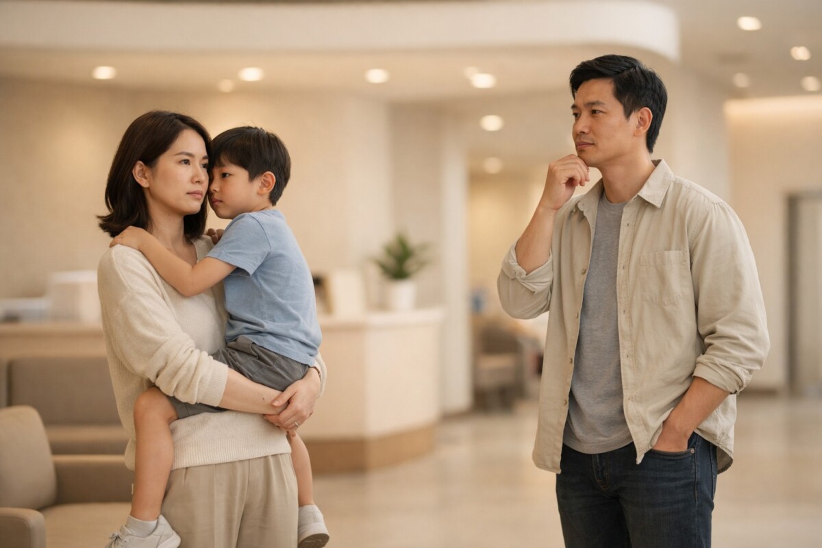 아이·어른이 다쳤을 때 소아과 내과 정형외과 중 어디로 가야 할지 판단하는 상황을 표현한 병원 로비 장면