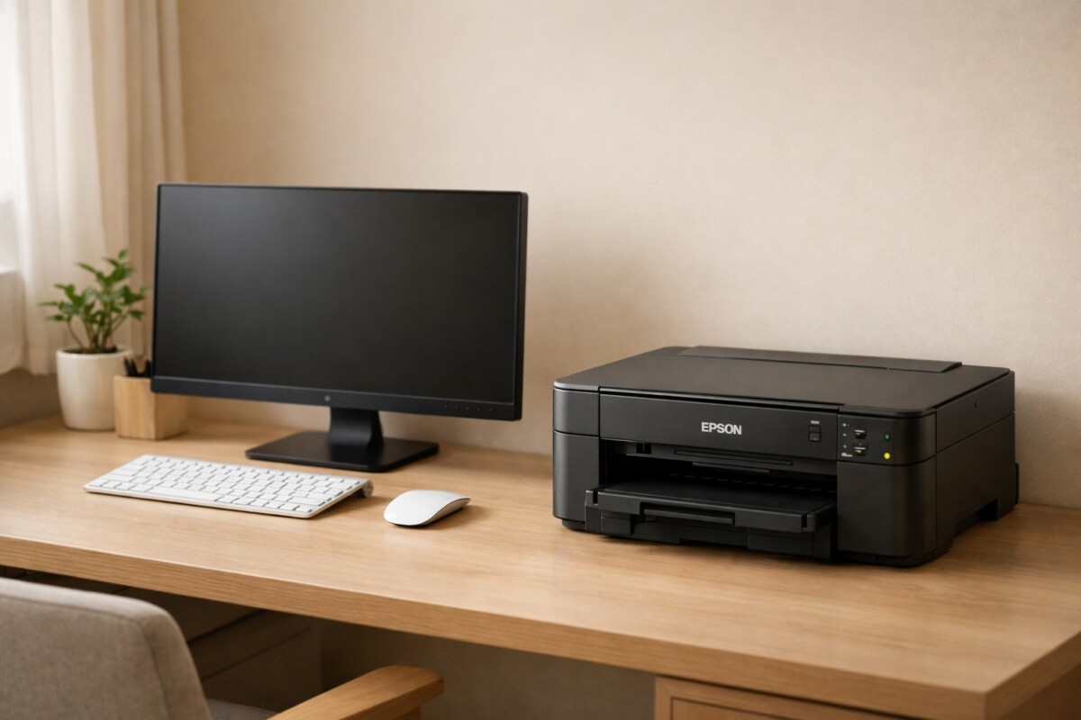 엡손 프린터 드라이버가 계속 깨질 때 재설치로 문제가 악화되는 상황을 표현한 사무실 환경 이미지