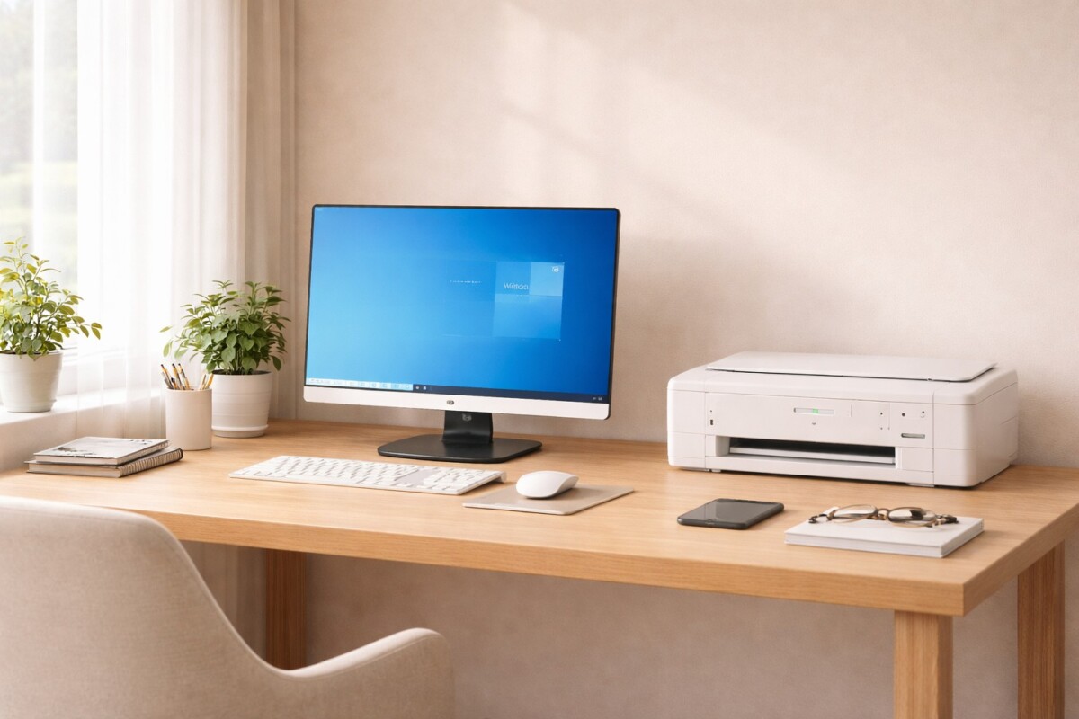 윈도우 업데이트 후 프린터 출력 안 될 때 전원은 켜져 있지만 출력이 되지 않는 상황을 표현한 사무실 환경 이미지