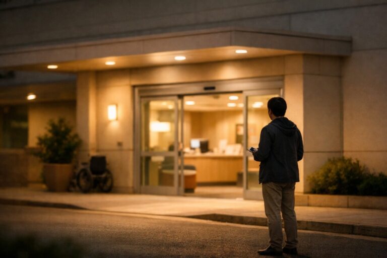 응급실 가야 할지 판단 기준을 고민하는 밤 시간대 병원 입구 상황