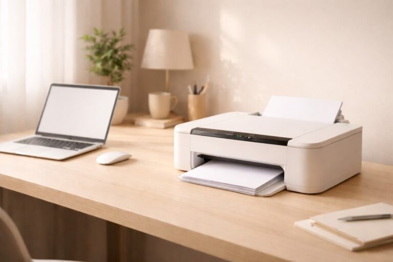 인쇄 대기열 문서가 안 지워질 때 출력이 멈춘 프린터와 컴퓨터가 함께 놓인 베이지 톤 홈 오피스 환경을 표현한 문제 해결용 대표 이미지