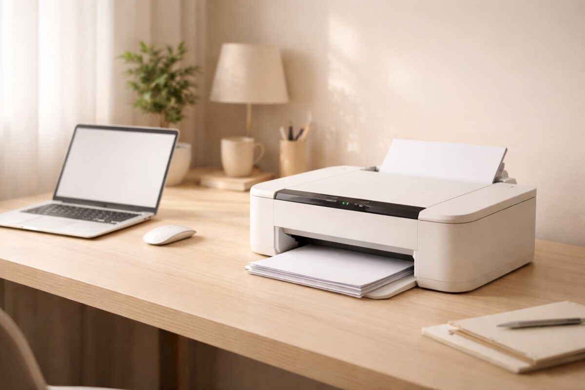 인쇄 버튼을 눌러도 반응 없을 때 프린터와 컴퓨터가 연결되어 있지만 출력이 시작되지 않는 상황을 표현한 장면