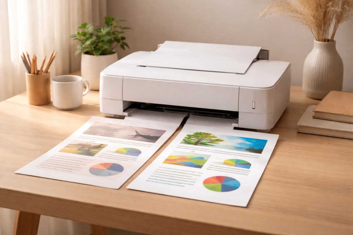 인쇄 색이 탁해질 때 설정으로 잡는 방법을 설명하는 탁한 출력과 정상 출력 비교 이미지