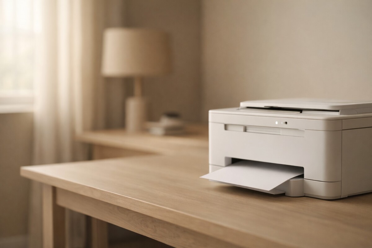 인쇄 중 멈춤 현상 발생 시 오류 표시 없이 출력이 중단된 프린터와 인쇄 흐름이 막힌 상황을 표현한 이미지