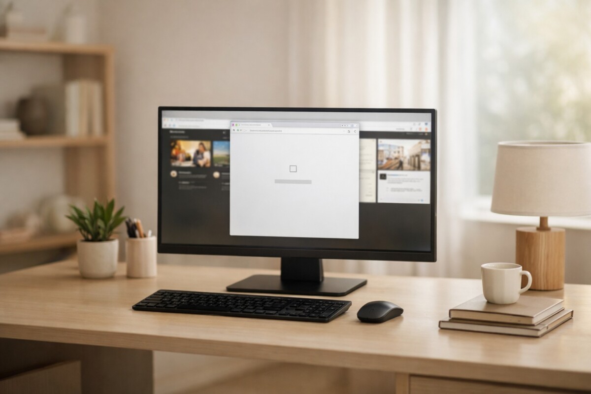 인터넷은 되는데 특정 사이트 안 열릴 때 PC에서 일부 웹사이트만 접속이 차단된 상황을 표현한 차분한 홈오피스 장면