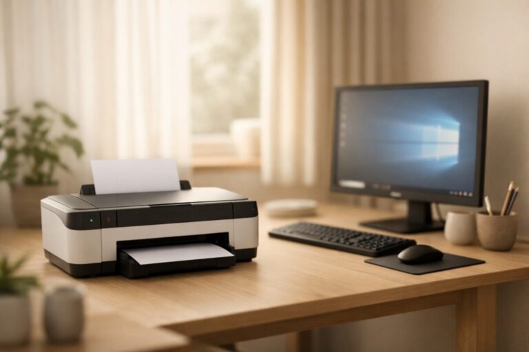 자동으로 설치된 드라이버 문제로 인해 프린터는 정상 상태이지만 Windows 환경에서 인쇄가 멈춘 상황을 보여주는 대표 이미지