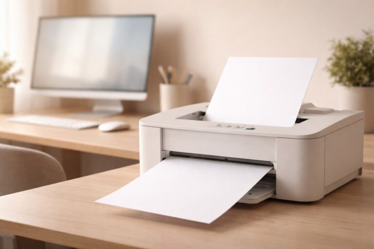 종이는 나오는데 인쇄는 안 될 때 발생하는 흰 종이 출력 문제를 표현한 이미지