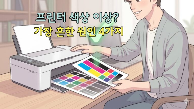 출력 색상이 이상할 때 오류가 해결되어 선명한 컬러 패턴 결과물을 확인하며 미소 짓는 사람 일러스트