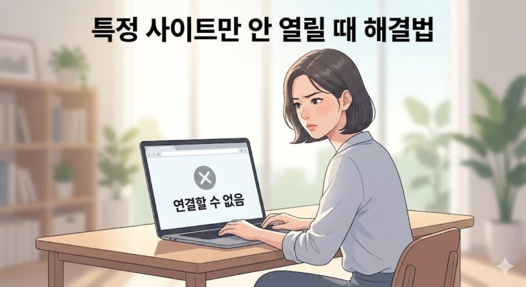 노트북 화면의 '연결할 수 없음' 오류를 보며 답답해하는 젊은 여성의 모습과 '특정 사이트만 안 열릴 때 해결법' 문구를 담은 깔끔한 썸네일 일러스트.