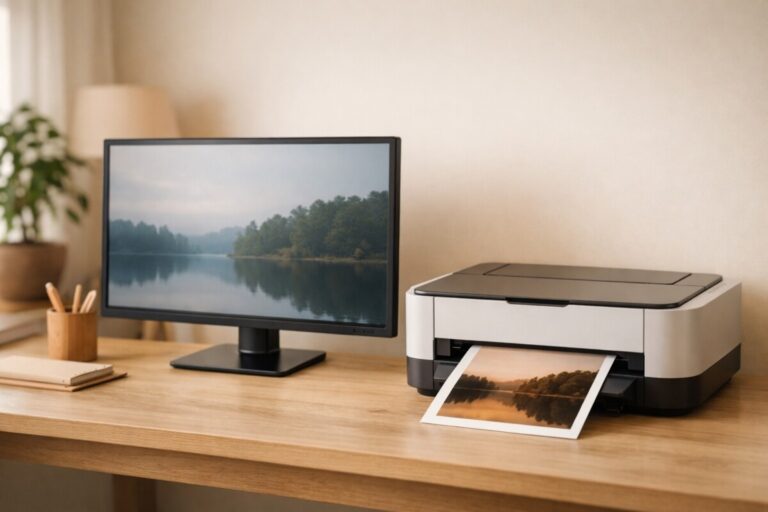 프린터 색이 화면과 다를 때 모니터와 출력물 색감이 서로 달라 보이는 상황을 보여주는 이미지