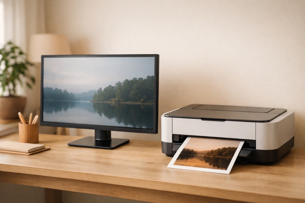 프린터 색이 화면과 다를 때 모니터와 출력물 색감이 서로 달라 보이는 상황을 보여주는 이미지