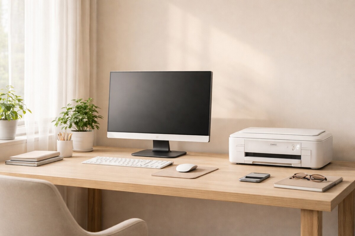 프린터 재부팅 후 오프라인 상태가 발생하는 네트워크 인식 문제를 표현한 사무실 환경 이미지