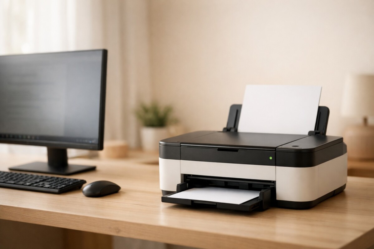 프린터 정상인데 특정 프로그램에서만 인쇄 안 될 때 발생하는 소프트웨어 인쇄 설정 문제를 표현한 홈 오피스 환경 이미지