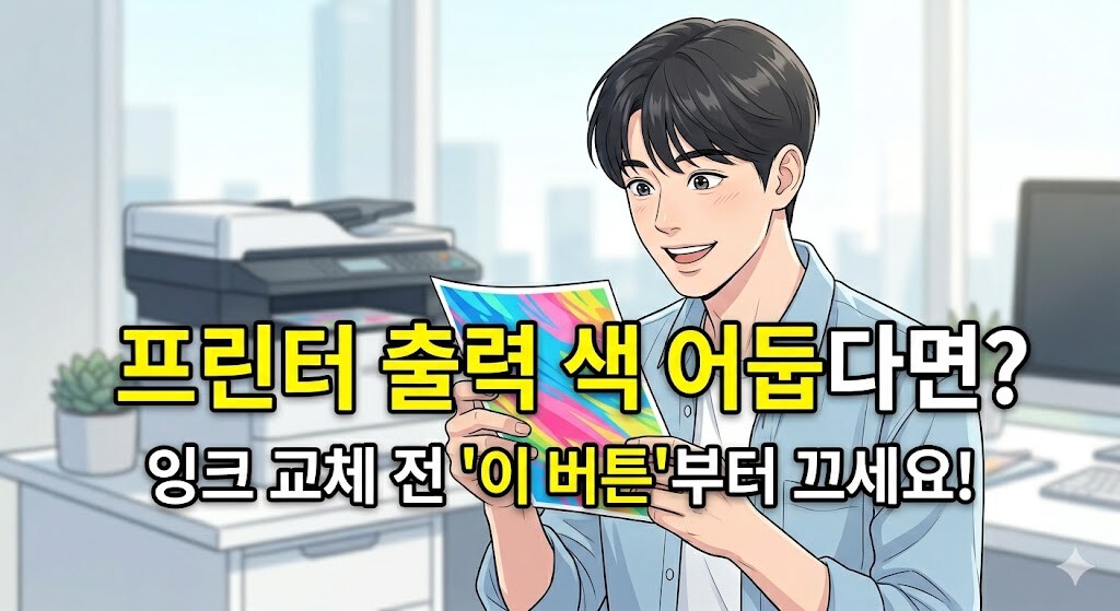 프린터 출력 색 어둡다면? 잉크 교체 전 '이 버튼'부터 끄세요! 텍스트와 화사한 결과물을 들고 기뻐하는 남성 일러스트 썸네일
