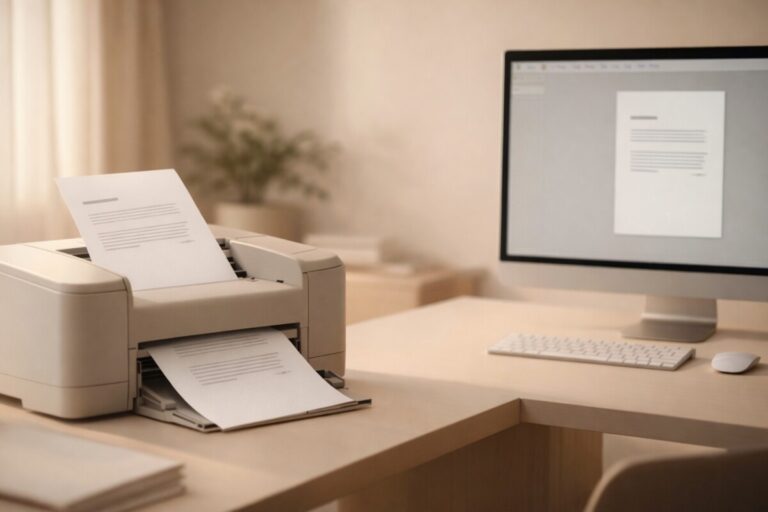 출력이 한쪽으로 쏠릴 때 용지 가이드와 인쇄 설정 문제로 문서 정렬이 어긋난 프린터 출력 장면