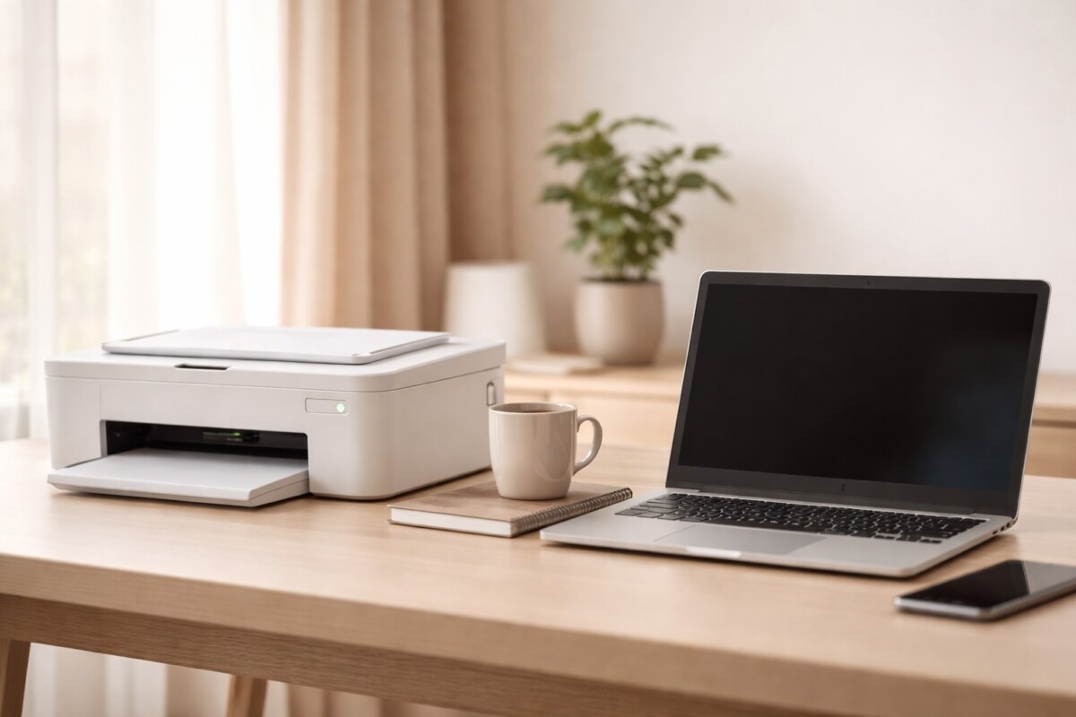 프린터는 켜져 있는데 오프라인으로 뜨는 이유를 보여주는 홈오피스 환경에서 전원은 정상이나 연결 경로가 끊긴 상태를 표현한 장면