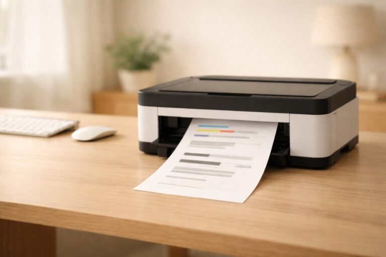 헤드 청소를 해도 인쇄 품질이 개선되지 않을 때 출력물이 흐릿하게 나온 프린터와 점검 상황을 보여주는 장면