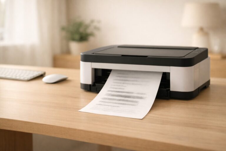 헤드 청소를 해도 출력이 흐릴 때 인쇄물과 정상 상태의 프린터가 놓인 점검 장면