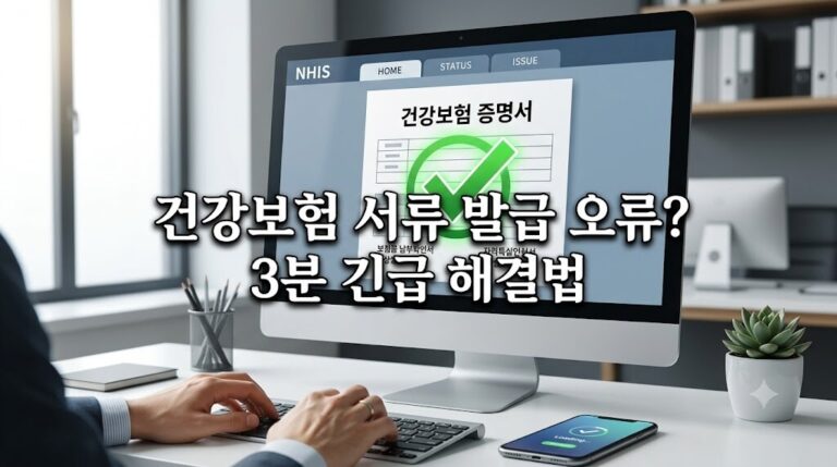 모니터 화면에 건강보험 증명서 발급 완료 화면이 떠 있는 사무실 데스크 모습의 건강보험 서류 발급 오류 해결 썸네일