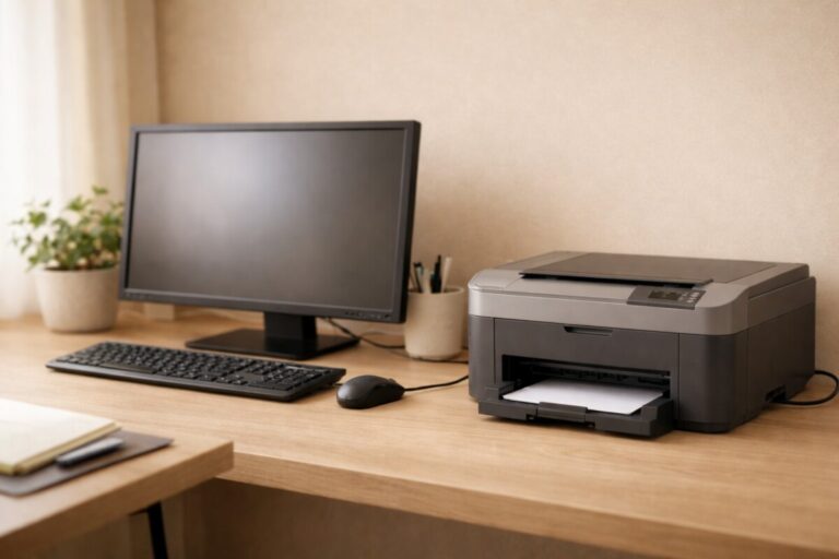 USB 프린터 연결했는데 인식 안 될 때 발생하는 연결 오류 상황을 보여주는 홈오피스 환경 이미지