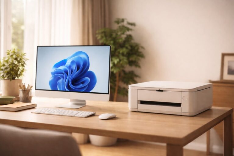 Windows 업데이트 후 프린터 인쇄 안 됨 문제가 발생한 환경으로, 컴퓨터는 정상 작동하지만 프린터 출력만 중단된 상태를 보여주는 이미지