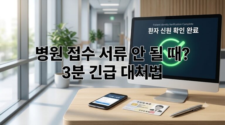 병원 접수 창구 모니터에 본인확인 완료 화면이 떠 있고 신분증과 스마트폰이 놓여 있는 병원 접수 서류 안 될 때 대처법 썸네일