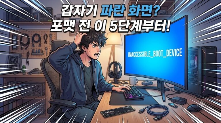 INACCESSIBLE_BOOT_DEVICE 해결 순서를 확인하며 파란 화면 오류 앞에서 당황해하는 남성의 웹툰 스타일 일러스트