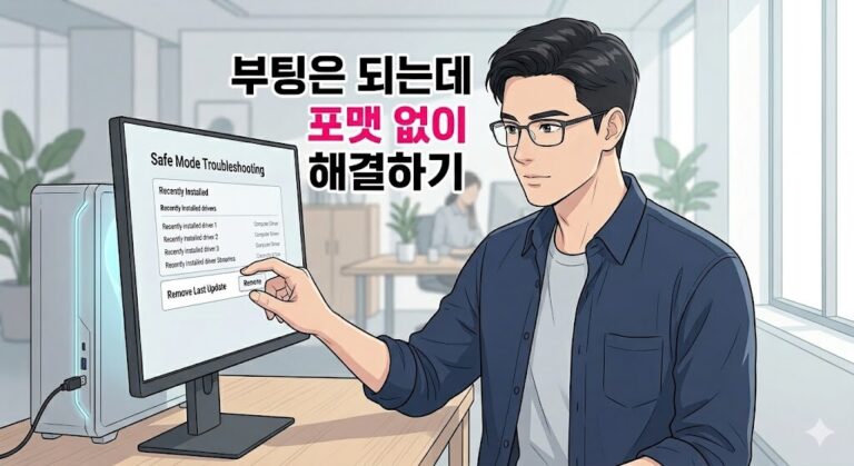 부팅은 되는데 화면 멈춤 오류가 발생했을 때 컴퓨터 바탕화면 진입을 위해 안전 모드 메뉴에서 최근 설치된 드라이버를 제거하며 점검하는 IT 전문가 일러스트